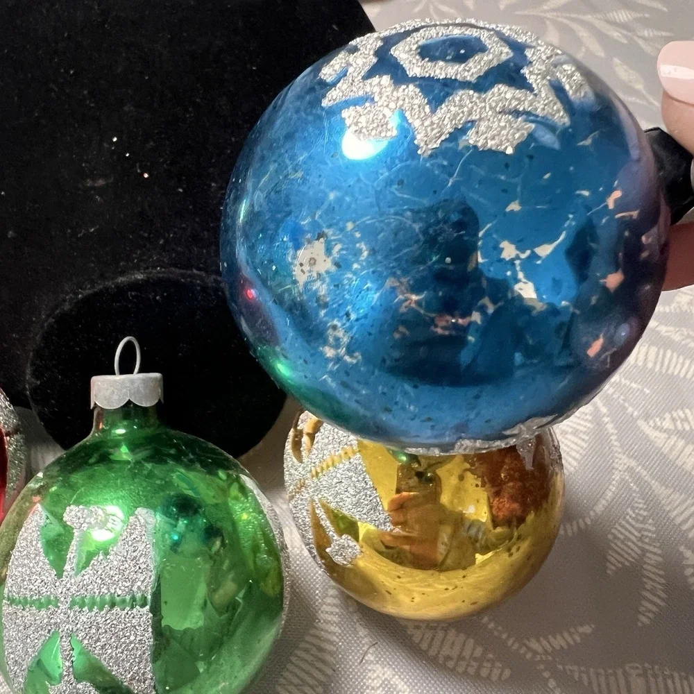 Vintage‎ USA MADE Mercury Glass Christmas Ornaments Stencil Glitter Lot 4